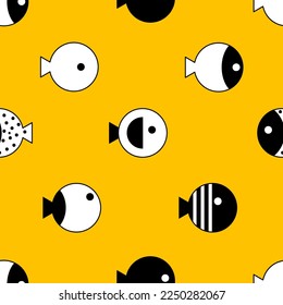 Fish seamless geometric pattern for textiles, fabrics. Fish print, cartoon background with sea animals