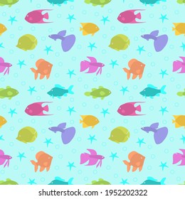 Fish seamless pattern. Abstract multicolored fish and starfishes on a blue background.