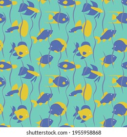 Fish seamless pattern. Abstract fish on a blue background.