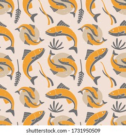 Fish seamless pattern. Fish and algae on a gray shabby background. Sea life pattern original design. Vector shabby hand drawn illustration