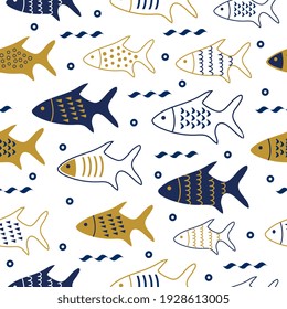 Fish seamless pattern backdrop. Naive blue and gold duotone underwater scene with bubbles and waves. Simple surface background for prints, wallpaper, textiles, and wrapping paper. Vector illustration