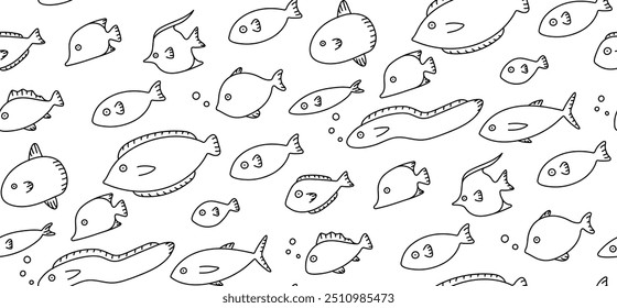 Fish Seamless pattern background and bubble kids hand drawing set illustration black color isolated on white background