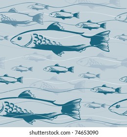 Fish seamless pattern, Background colour, fishes and waves are on separate layers