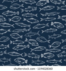 Fish seamless pattern. Background with seafood tilapia, ocean perch, sardine, anchovy, sea bass, dorado and etc