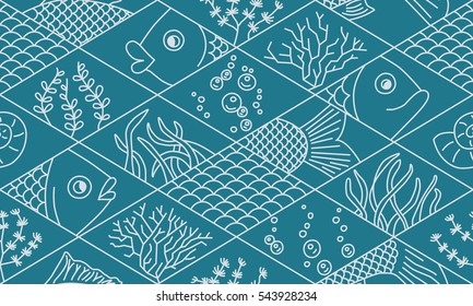 Fish. Seamless pattern. Bicolor vector hand drawn doodle cartoon