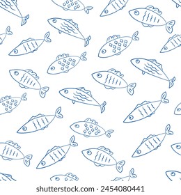 Fish seamless pattern with blue outline contour fishes drawings on white background vector texture. Textile fabric print. Gift wrapping paper.Repeating tile. Design template. 