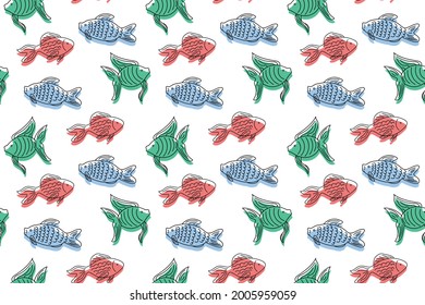 Fish. Seamless pattern with bright aquarium fish. Water and ocean concept. Vector illustration in a flat style. Isolated on white background.