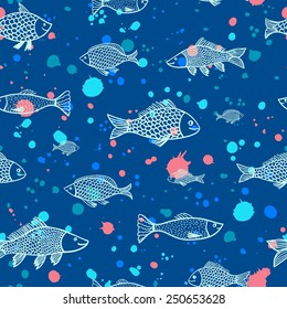 Fish seamless pattern with bright splash on blue background