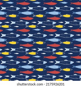 Fish Seamless pattern. Fish Cartoon doodle, Vector illustration.