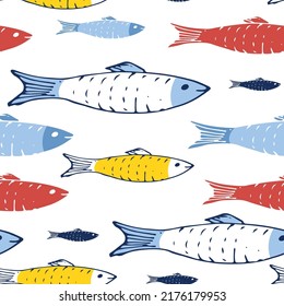 Fish Seamless pattern. Fish Cartoon doodle, Vector illustration.