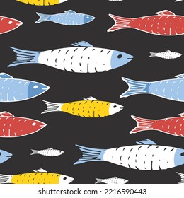 Fish Seamless pattern. Fish Cartoon doodle, Vector illustration.