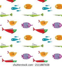 caricatura de patrón sin costuras de peces aislada en fondo blanco. Vector ilustra el acuario de peces tropicales.