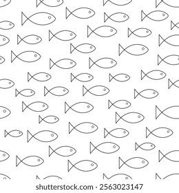 Fish seamless pattern. Cartoon monochrome fish on white background.