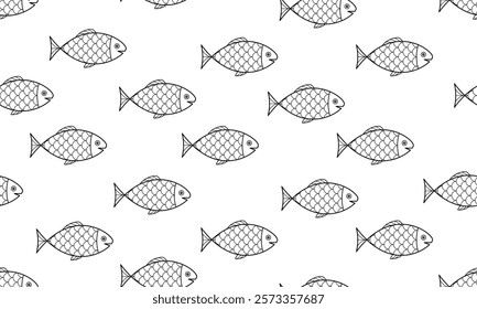Fish seamless pattern. Cartoon monochrome fish on white background.
