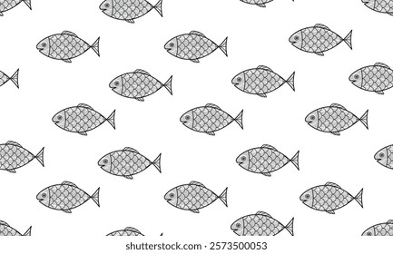 Fish seamless pattern. Cartoon monochrome fish on white background.