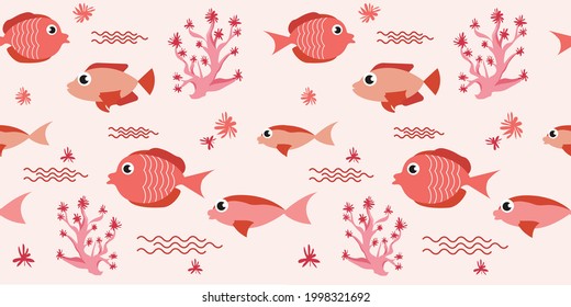 Fish seamless pattern in cartoon style. Sea animal vector background. Ocean, marine