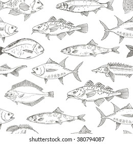 Fish Seamless Pattern. Fish collection: Dorado, Fish Eel, Tuna, Salmon, Halibut, Herring, Sea bass, Cod, Sturgeon. Vector illustration for design menus, recipes and packages product.