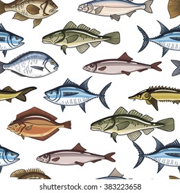 Fish Seamless Pattern. Fish collection: Dorado, Fish Eel, Tuna, Salmon, Halibut, Herring, Sea bass, Cod, Sturgeon. Vector illustration for design menus, recipes and packages product.