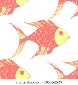 Fish. Seamless Pattern with Colorful Fish Hand Drawn in Childish Style. Sea Pattern for Textile, Fabric, Print. Bright Simple Texture in Trendy Colors. Vector Illustration.