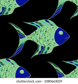 Fish. Seamless Pattern with Colorful Fish Hand Drawn in Doodle Style. Sea Pattern for Paper, Chintz, Swimwear. Bright Simple Texture in Trendy Colors. Vector Illustration.