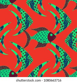 Fish. Seamless Pattern with Colorful Fish Hand Drawn in Primitive Style. Sea Pattern for Paper, Fabric, Print. Bright Simple Texture in Trendy Colors. Vector Illustration.
