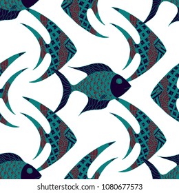 Fish. Seamless Pattern with Colorful Fish Hand Drawn in Primitive Style. Sea Pattern for Paper, Fabric, Print. Bright Simple Texture in Trendy Colors. Vector Illustration.