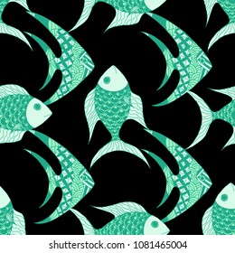 Fish. Seamless Pattern with Colorful Fish Hand Drawn in Zentangle Style. Sea Pattern for Paper, Chintz, Swimwear. Bright Simple Texture in Trendy Colors. Vector Illustration.