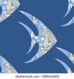 Fish. Seamless Pattern with Colorful Fish Hand Drawn in Doodle Style. Sea Pattern for Paper, Chintz, Print. Bright Simple Texture in Trendy Colors. Vector Illustration.