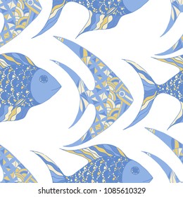 Fish. Seamless Pattern with Colorful Fish Hand Drawn in Comic Style. Sea Pattern for Paper, Chintz, Swimwear. Bright Simple Texture in Trendy Colors. Vector Illustration.
