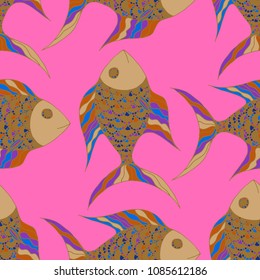 Fish. Seamless Pattern with Colorful Fish Hand Drawn in Childish Style. Sea Pattern for Paper, Chintz, Swimwear. Bright Simple Texture in Trendy Colors. Vector Illustration.