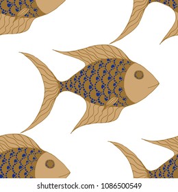 Fish. Seamless Pattern with Colorful Fish Hand Drawn in Doodle Style. Sea Pattern for Paper, Chintz, Swimwear. Bright Simple Texture in Trendy Colors. Vector Illustration.