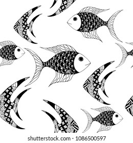 Fish. Seamless Pattern with Colorful Fish Hand Drawn in Comic Style. Sea Pattern for Paper, Fabric, Print. Bright Simple Texture in Trendy Colors. Vector Illustration.