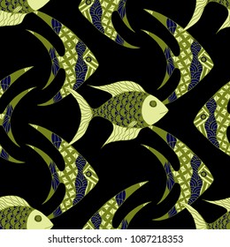 Fish. Seamless Pattern with Colorful Fish Hand Drawn in Primitive Style. Sea Pattern for Paper, Chintz, Swimwear. Bright Simple Texture in Trendy Colors. Vector Illustration.