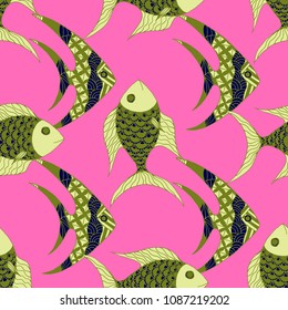Fish. Seamless Pattern with Colorful Fish Hand Drawn in Zentangle Style. Sea Pattern for Paper, Fabric, Print. Bright Simple Texture in Trendy Colors. Vector Illustration.