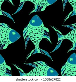 Fish. Seamless Pattern with Colorful Fish Hand Drawn in Doodle Style. Sea Pattern for Textile, Fabric, Print. Bright Simple Texture in Trendy Colors. Vector Illustration.
