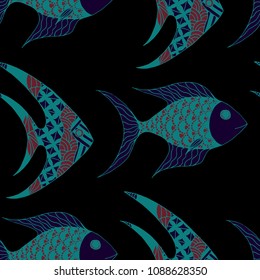 Fish. Seamless Pattern with Colorful Fish Hand Drawn in Comic Style. Sea Pattern for Textile, Fabric, Print. Bright Simple Texture in Trendy Colors. Vector Illustration.