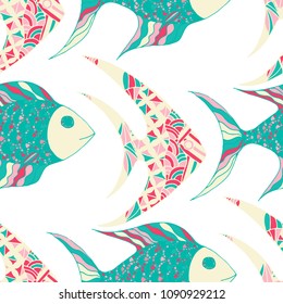 Fish. Seamless Pattern with Colorful Fish Hand Drawn in Primitive Style. Sea Pattern for Paper, Chintz, Swimwear. Bright Simple Texture in Trendy Colors. Vector Illustration.
