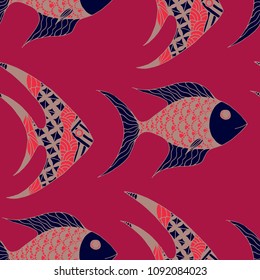 Fish. Seamless Pattern with Colorful Fish Hand Drawn in Primitive Style. Sea Pattern for Paper, Chintz, Print. Bright Simple Texture in Trendy Colors. Vector Illustration.