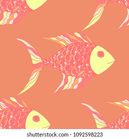 Fish. Seamless Pattern with Colorful Fish Hand Drawn in Primitive Style. Sea Pattern for Paper, Chintz, Swimwear. Bright Simple Texture in Trendy Colors. Vector Illustration.