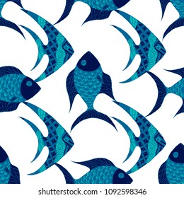 Fish. Seamless Pattern with Colorful Fish Hand Drawn in Doodle Style. Sea Pattern for Paper, Chintz, Print. Bright Simple Texture in Trendy Colors. Vector Illustration.