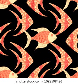 Fish. Seamless Pattern with Colorful Fish Hand Drawn in Doodle Style. Sea Pattern for Textile, Fabric, Print. Bright Simple Texture in Trendy Colors. Vector Illustration.