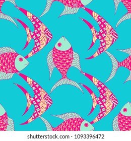 Fish. Seamless Pattern with Colorful Fish Hand Drawn in Childish Style. Sea Pattern for Paper, Fabric, Print. Bright Simple Texture in Trendy Colors. Vector Illustration.