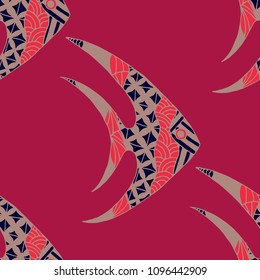 Fish. Seamless Pattern with Colorful Fish Hand Drawn in Zentangle Style. Sea Pattern for Paper, Fabric, Print. Bright Simple Texture in Trendy Colors. Vector Illustration.