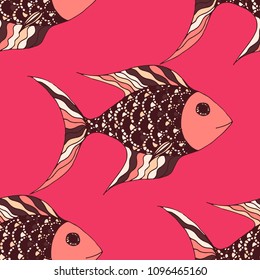 Fish. Seamless Pattern with Colorful Fish Hand Drawn in Doodle Style. Sea Pattern for Paper, Chintz, Print. Bright Simple Texture in Trendy Colors. Vector Illustration.