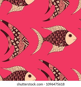 Fish. Seamless Pattern with Colorful Fish Hand Drawn in Primitive Style. Sea Pattern for Textile, Fabric, Print. Bright Simple Texture in Trendy Colors. Vector Illustration.