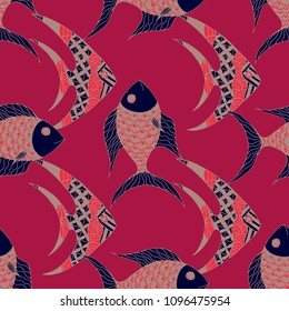 Fish. Seamless Pattern with Colorful Fish Hand Drawn in Childish Style. Sea Pattern for Paper, Chintz, Print. Bright Simple Texture in Trendy Colors. Vector Illustration.