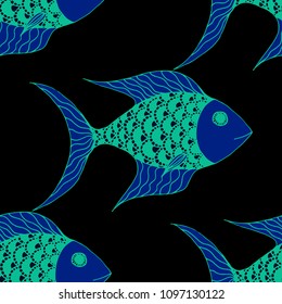 Fish. Seamless Pattern with Colorful Fish Hand Drawn in Childish Style. Sea Pattern for Paper, Chintz, Swimwear. Bright Simple Texture in Trendy Colors. Vector Illustration.