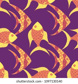 Fish. Seamless Pattern with Colorful Fish Hand Drawn in Doodle Style. Sea Pattern for Paper, Fabric, Print. Bright Simple Texture in Trendy Colors. Vector Illustration.