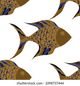 Fish. Seamless Pattern with Colorful Fish Hand Drawn in Primitive Style. Sea Pattern for Paper, Chintz, Swimwear. Bright Simple Texture in Trendy Colors. Vector Illustration.