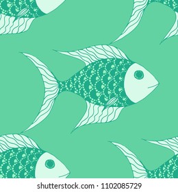Fish. Seamless Pattern with Colorful Fish Hand Drawn in Primitive Style. Sea Pattern for Textile, Fabric, Print. Bright Simple Texture in Trendy Colors. Vector Illustration.